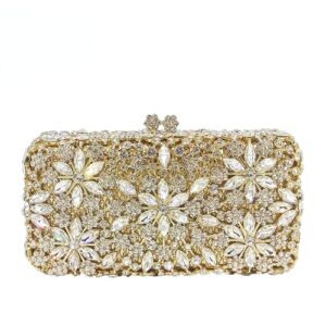 women snowflake evening bags wedding bridal flower crystal clutch purse party box rhinestone handbag (mini,gold&silver)