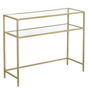 vasagle 39.4 inch console sofa table, modern entryway table, tempered glass table, metal frame, 2 shelves, adjustable feet, for living room, hallway, gold color ulgt025a01