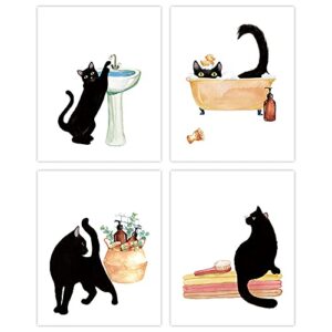 lhiuem black cat bathroom decor, funny bathroom wall art, (set of 4,8″x10″,unframed) modern animals kitty pictures, kitten bathing canvas poster cat lady gifts for women,bathroom set decor