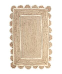 weaving village scalloped natural jute area rug, natural base off white trim, 2×3