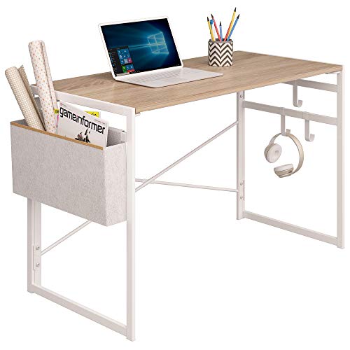 JSB 39.4" Small Folding Computer Desk with Storage Bag and Hook, Writing Desk Modern Industrial Work Table Laptop Desk for Home Office (Natural and White)