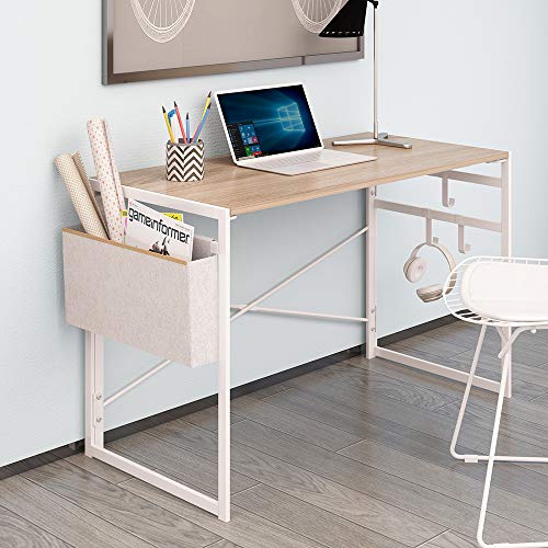 JSB 39.4" Small Folding Computer Desk with Storage Bag and Hook, Writing Desk Modern Industrial Work Table Laptop Desk for Home Office (Natural and White)