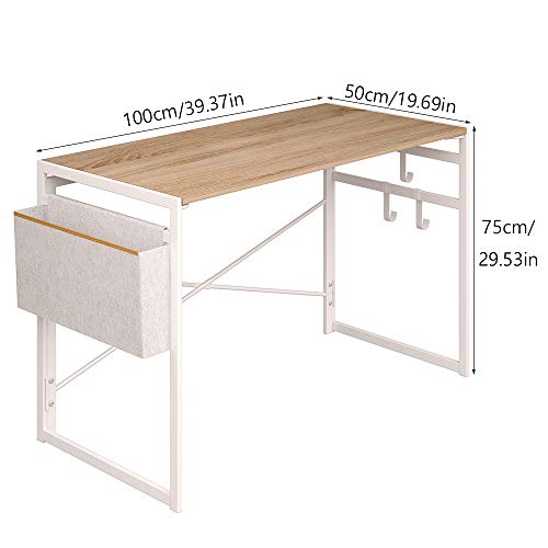 JSB 39.4" Small Folding Computer Desk with Storage Bag and Hook, Writing Desk Modern Industrial Work Table Laptop Desk for Home Office (Natural and White)