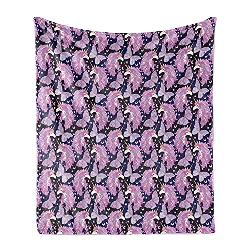 Ambesonne Unicorn Throw Blanket, Mythical Animal with Colorful Mane Butterflies Stars Crescent Moons Fantasy World, Flannel Fleece Accent Piece Soft Couch Cover for Adults, 70" x 90", Multicolor