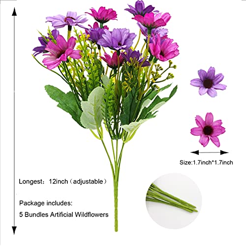 Carfoeny 5 Bundles Artificial Wildflowers Fake Daisy Silk Faux Flowers with Stems Arrangements for Home Outdoor Indoor Vase Kitchen Table Wedding Office Party Garden Decoration (Purple)