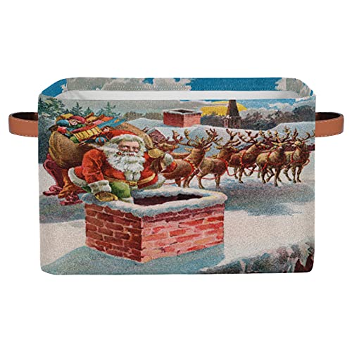 Rectangular Storage Basket Bins Christmas Santa Reindeer Sleigh Toys Books Clothes Canvas Storage Box Cubes Collapsible with Handles for Bedroom Nursery Home Office Decor Organizer Basket