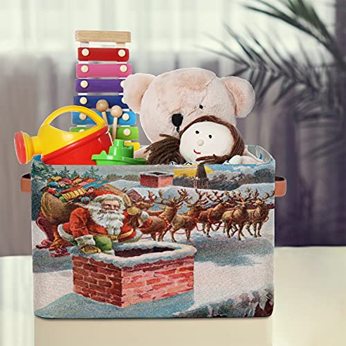 Rectangular Storage Basket Bins Christmas Santa Reindeer Sleigh Toys Books Clothes Canvas Storage Box Cubes Collapsible with Handles for Bedroom Nursery Home Office Decor Organizer Basket