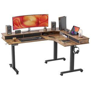 fezibo triple motor 63″ l shaped standing desk with 3 drawers, electric standing desk adjustable height, corner stand up desk with splice board – rustic brown
