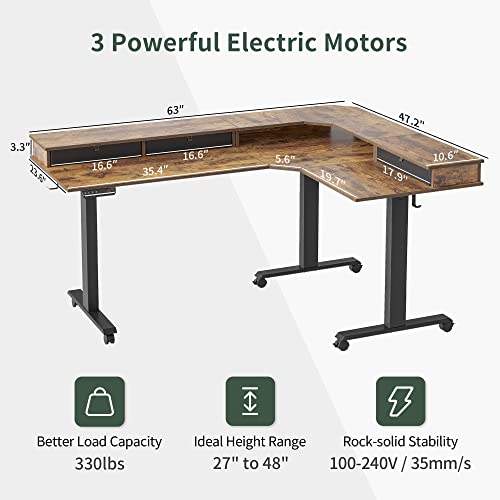 FEZIBO Triple Motor 63" L Shaped Standing Desk with 3 Drawers, Electric Standing Desk Adjustable Height, Corner Stand up Desk with Splice Board - Rustic Brown