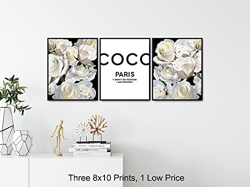 Fashion Quotes Set - Chic Modern Fashion design Home Decor for Bedroom, Living room, Bathroom, Office - Glam Wall Art Decor - Luxury Gift for Woman - Elegant White Roses - Designer Art print Set