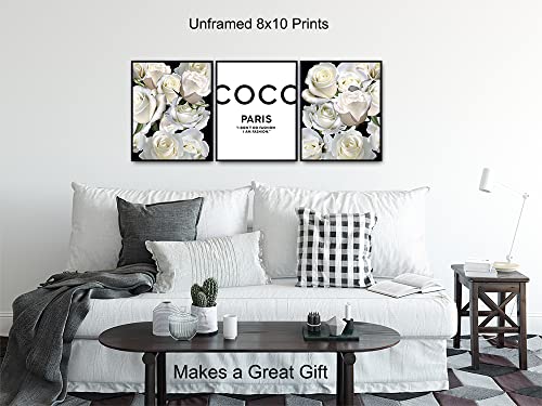 Fashion Quotes Set - Chic Modern Fashion design Home Decor for Bedroom, Living room, Bathroom, Office - Glam Wall Art Decor - Luxury Gift for Woman - Elegant White Roses - Designer Art print Set