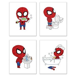 spiderman bathroom prints – set of 4 (8 inches x 10 inches) wall art decor