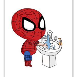 Spiderman Bathroom Prints - Set of 4 (8 inches x 10 inches) Wall Art Decor