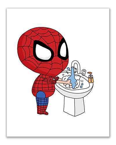 Spiderman Bathroom Prints - Set of 4 (8 inches x 10 inches) Wall Art Decor