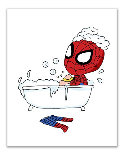 Spiderman Bathroom Prints - Set of 4 (8 inches x 10 inches) Wall Art Decor