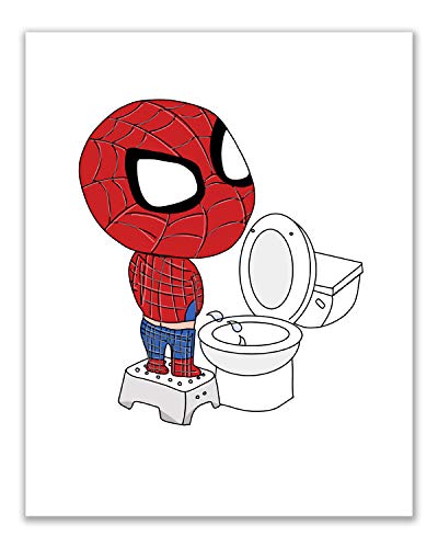 Spiderman Bathroom Prints - Set of 4 (8 inches x 10 inches) Wall Art Decor