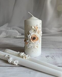 magik life unity candle set for wedding – wedding décor – decorative candles pillar – candle sets – 6 inch pillar and 2 10 inch tapers – best unity candle (peach)