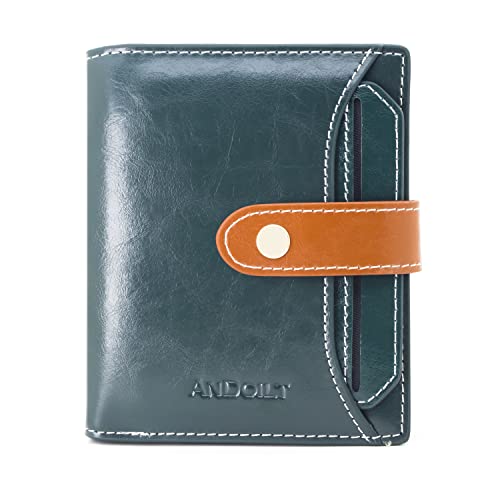 ANDOILT Wallets for Women Genuine Leather Small Bifold Wallet RFID Blocking Card Case Purse with ID Window Coin Pocket Green