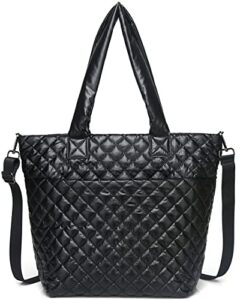 hsitandy quilted tote bag for women,weekender bag,light nylon quilted crossbody shoulder bag for travel,work(black)