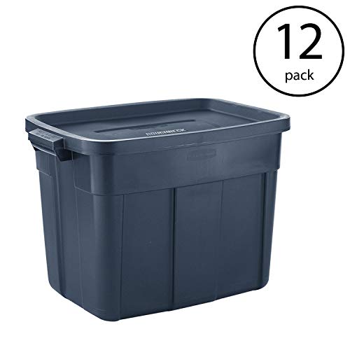 Rubbermaid Roughneck Home/Office 18 Gallon Rugged Latching Plastic Storage Tote with Lid, Dark Indigo Metallic (12 Pack)
