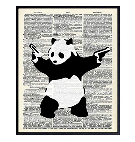 Banksy Shooting Panda Poster - 8x10 Graffiti Wall Art, Home Decor, Decoration - Cool Urban Street Art for Bedroom, Apartment, Living Room - Gift for Men, Boys, Teens, Guns or Firearms Fans -UNFRAMED