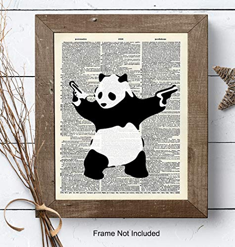 Banksy Shooting Panda Poster - 8x10 Graffiti Wall Art, Home Decor, Decoration - Cool Urban Street Art for Bedroom, Apartment, Living Room - Gift for Men, Boys, Teens, Guns or Firearms Fans -UNFRAMED