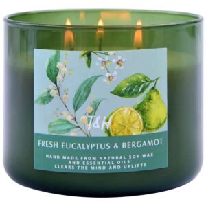 large 3 wick scented candle – eucalyptus bergamot aromatherapy stress relief candle with pine, rose & cedar – 15.8 oz spring candles for home – eucalyptus candles – natural soy candles for men & women