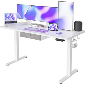 fezibo standing desk with drawer, adjustable height electric stand up desk, 63 x 24 inches sit stand home office desk, ergonomic workstation white steel frame/white tabletop