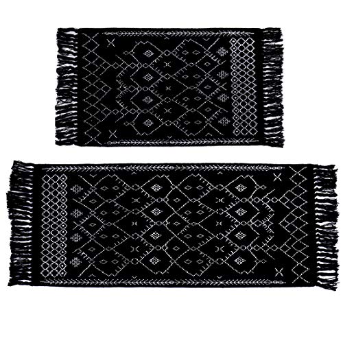 Cedilis 2 Pack Boho Bath Mat, Cotton Woven Throw Rug with Small Tassel, Geometric Patterned Kitchen Bathroom Rug, Washable Hallway Floor Carpet, Black & White, 2 ft x 3 ft & 2 ft x 4.3 ft