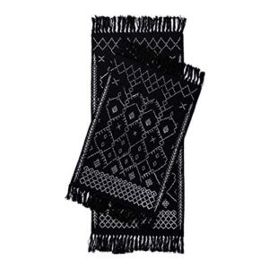 Cedilis 2 Pack Boho Bath Mat, Cotton Woven Throw Rug with Small Tassel, Geometric Patterned Kitchen Bathroom Rug, Washable Hallway Floor Carpet, Black & White, 2 ft x 3 ft & 2 ft x 4.3 ft