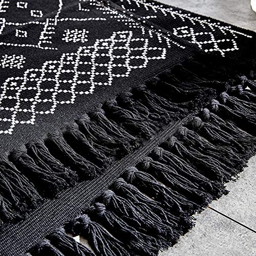 Cedilis 2 Pack Boho Bath Mat, Cotton Woven Throw Rug with Small Tassel, Geometric Patterned Kitchen Bathroom Rug, Washable Hallway Floor Carpet, Black & White, 2 ft x 3 ft & 2 ft x 4.3 ft