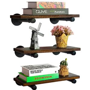 mante blong qtsartisan floating shelves with industrial pipe brackets rustic set of 3, wall mounted wood shelving storage home decor for living room bedroom bathroom kitchen office 17″ x 7.1″, brown