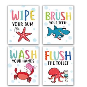 funny colorful cartoon sea life themed bathroom inspirational quotes art print humorous quotes painting, toilet rules art picture for children washroom bathroom decor, set of 4 (8”x10”), no frame