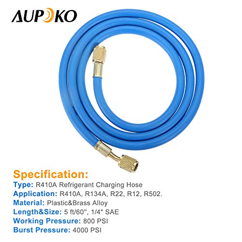 Aupoko R410A AC Refrigerant Charging Hoses, 60’’ R410A HVAC Charging Hose with 1/4’’ SAE Flare, with 800 PSI Working Pressure for R410A R22 R134A R12 R502 Air Condition System