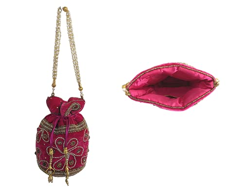 CRAFT BAZAAR Indian Potli Bag, Standing Drawstring Purse, Mini Bucket Bag, Evening Bag with Wristlet and Tassels (Pink)