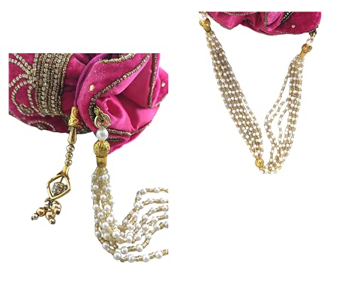 CRAFT BAZAAR Indian Potli Bag, Standing Drawstring Purse, Mini Bucket Bag, Evening Bag with Wristlet and Tassels (Pink)