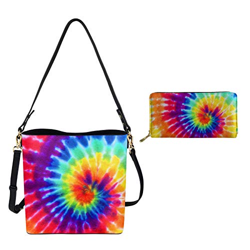 HUGS IDEA Rainbow Tie Dye Painting Crossbody Bag Tote Bucket Hobo Purse with Long Leather Wallet for Women Ladies Elegant Top-handle Shoulder Handbag