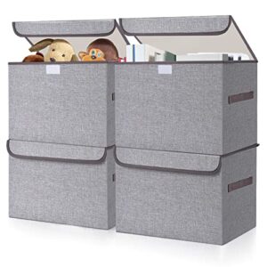 Bagnizer 22 Quart Linen Fabric Foldable Storage Cube Bin Organizer Basket with Flip-Top Lid & Handles, Large Toy Clothes Blanket Box for Nursery, Playroom, Home, Office, Closet, Gray, 4 Pack 14.6 x 9.5 x 9.5”