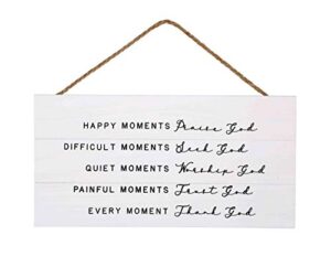 gsm brands happy moments praise god wood plank hanging sign for home decor (13.75 x 6.9 inches with white background)