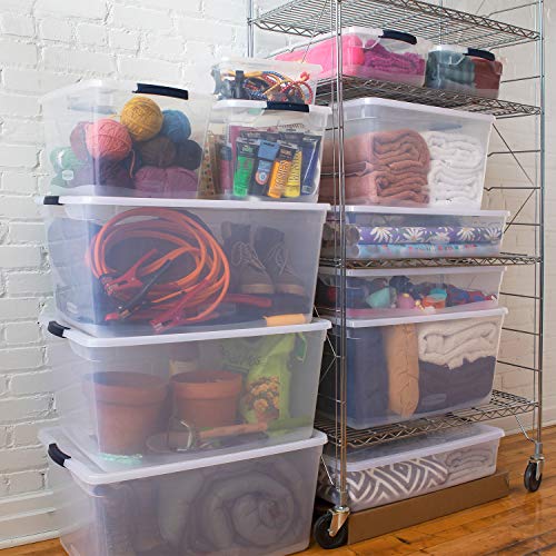 Rubbermaid Cleverstore Home Office Organization 30 Quart Latching Stackable Plastic Storage Tote Container with Lid, Clear (12 Pack)