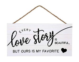 love story wood plank hanging sign for home decor (13.75 x 6.9 inches with white background)