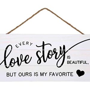 Love Story Wood Plank Hanging Sign for Home Decor (13.75 x 6.9 Inches with White Background)