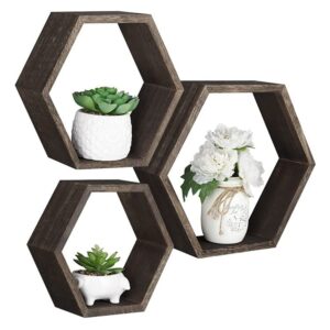 1885 wall glimmer hexagon floating shelves rustic brown – set of 3 larger size decorative honeycomb shelves – wall mounted geometric rustic wood floating shelves for wall decor