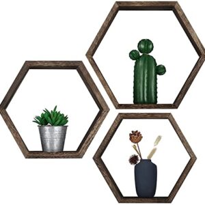 1885 Wall Glimmer Hexagon Floating Shelves Rustic Brown - Set of 3 Larger Size Decorative Honeycomb Shelves - Wall Mounted Geometric Rustic Wood Floating Shelves for Wall Decor