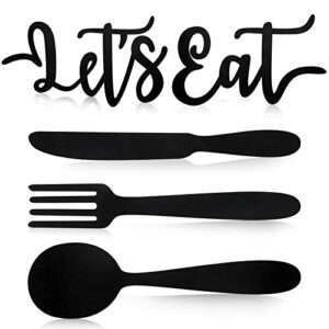 yerliker 5 pieces let’s eat sign, wooden fork spoon knife sign wall decor, rustic cutout eat kitchen decor for home dining living room bar cafe restaurant (black)