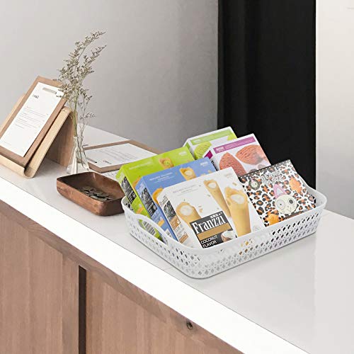 Sandmovie Plastic Woven Storage Basket Tray with Handles, White, 6 Packs