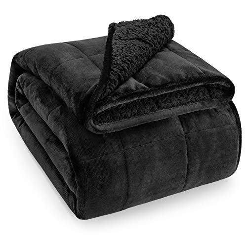 Wemore Sherpa Fleece Weighted Blanket for Adult 15 lbs Dual Sided Cozy Fluffy Heavy Blanket,Ultra Fuzzy Throw Blanket with Soft Plush Flannel Top,48 x 72 inches,Black on Both Sides