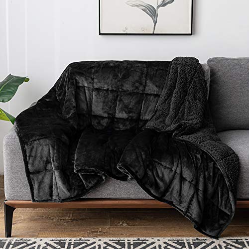 Wemore Sherpa Fleece Weighted Blanket for Adult 15 lbs Dual Sided Cozy Fluffy Heavy Blanket,Ultra Fuzzy Throw Blanket with Soft Plush Flannel Top,48 x 72 inches,Black on Both Sides