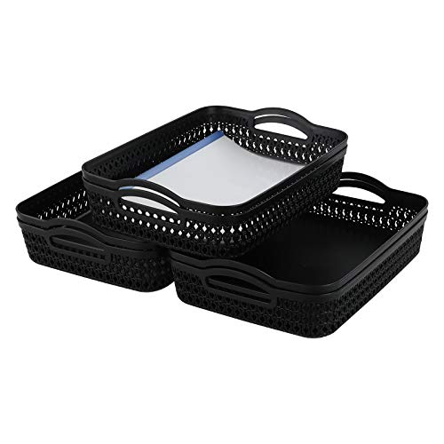 Rinboat Large Plastic Shallow Storage Baskets Trays, Plastic A4 Desktop Basket, Black, 6 Packs