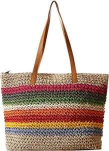 qzunique straw handbags rainbow stitching leather strap shoulder bag women’s summer beach natural casual tote bag messenger portable bag